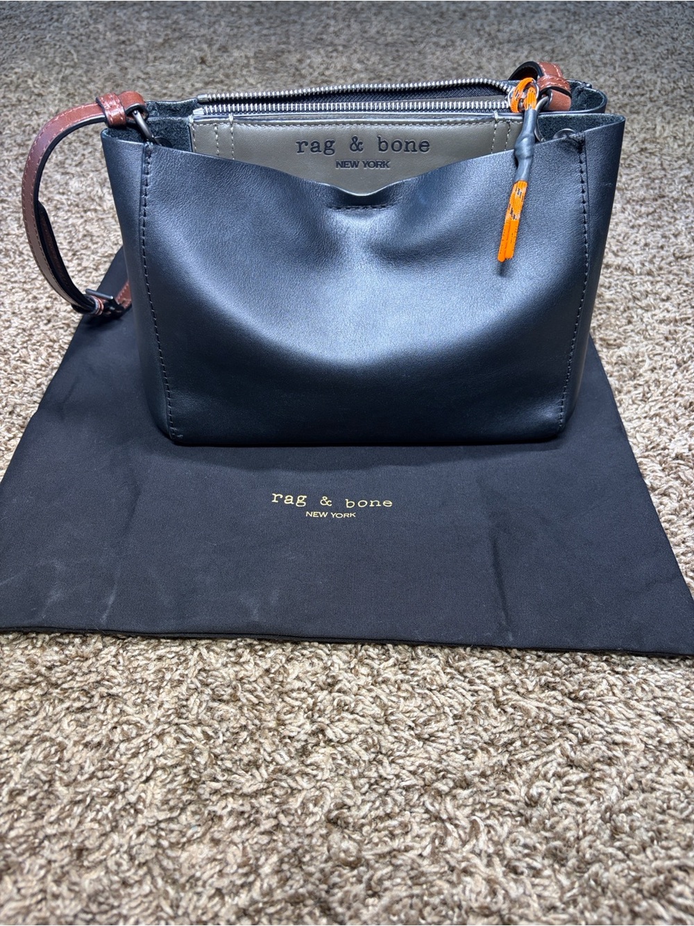 rag & bone Black Leather Crossbody with Orange Zipper Pull/key tie